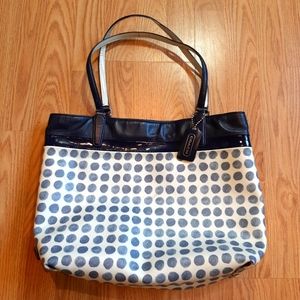 Coach White With Blue Polka Dots Leather Trim Shoulder Bag